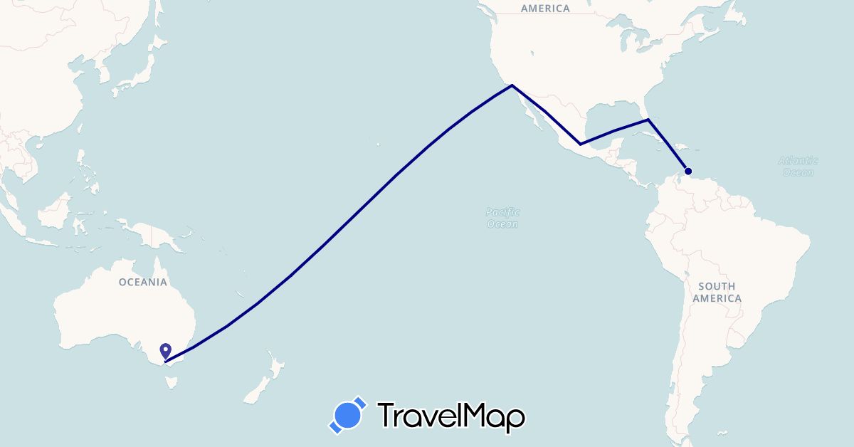 TravelMap itinerary: driving in Australia, Curaçao, Mexico, United States (North America, Oceania, South America)